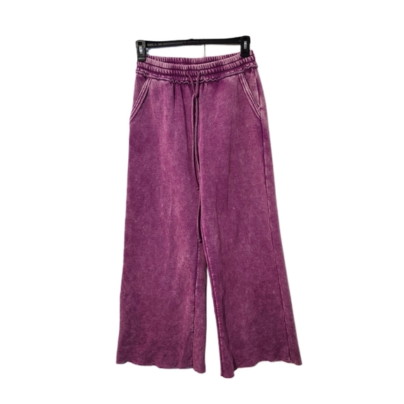 Zenana Acid Washed Fleece Palazzo Sweatpant with Pockets Size M Light Plum - Picture 5 of 11